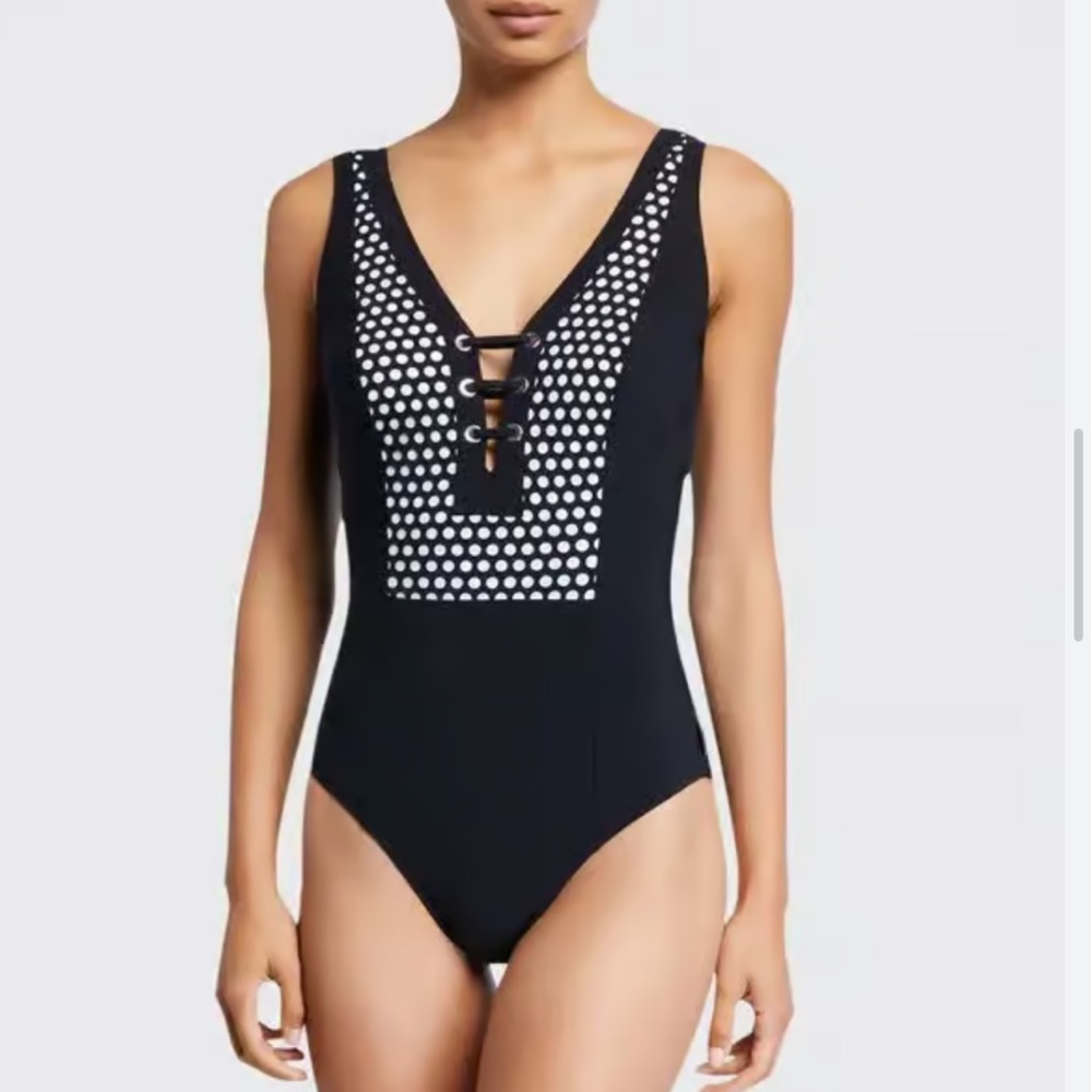 Shan Nikko Plunge Black One Piece Swimsuit size 10 nwt